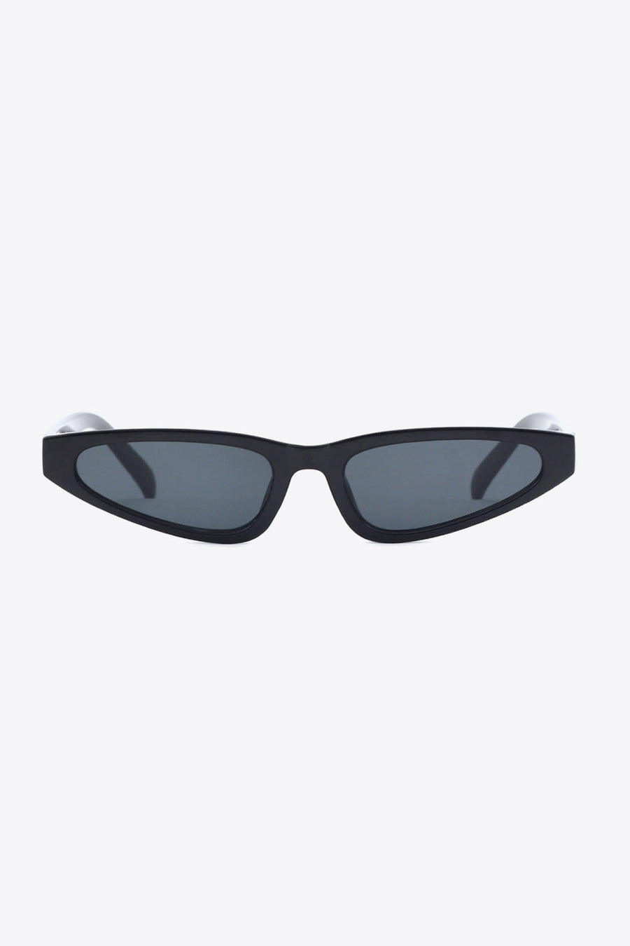 Black angular cat-eye sunglasses with dark lenses and silver temple tips