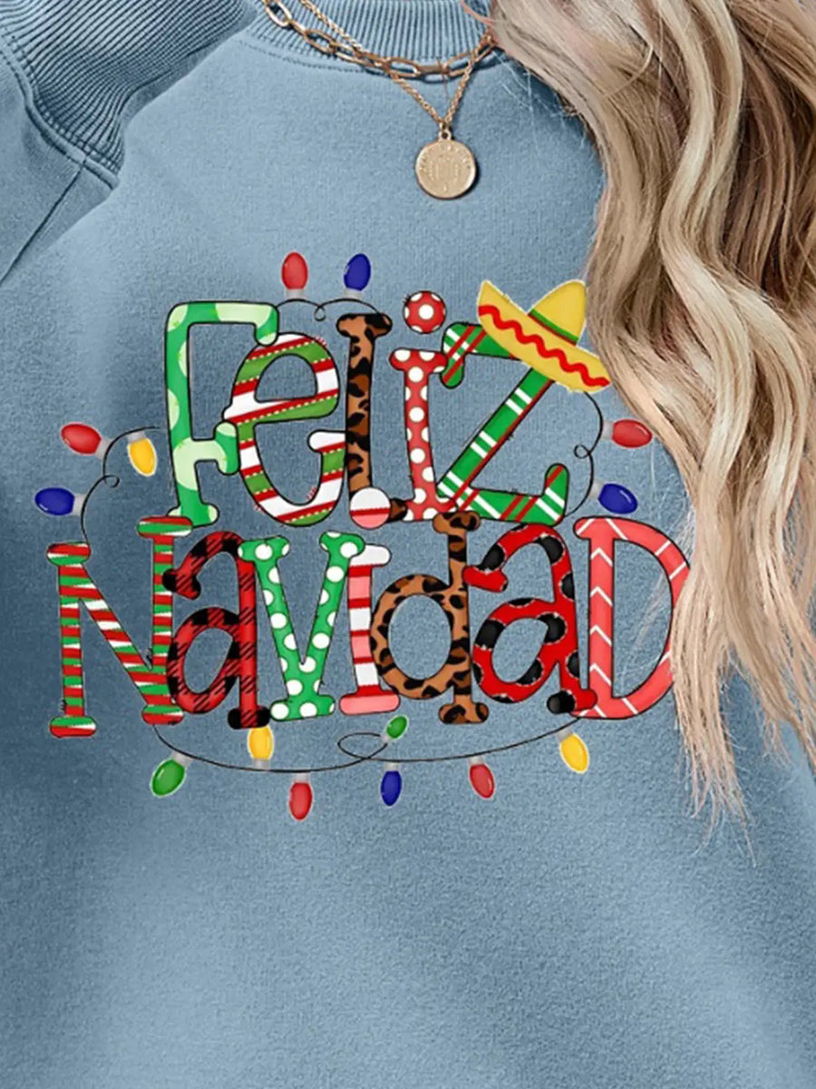 Misty Blue Feliz Navidad graphic raglan sweatshirt with festive lights and a sombrero detail.