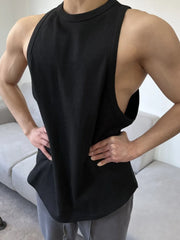 Black sculpted muscle tank with open sides and crew neck.