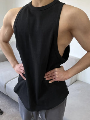 Black sculpted muscle tank with open sides and crew neck.