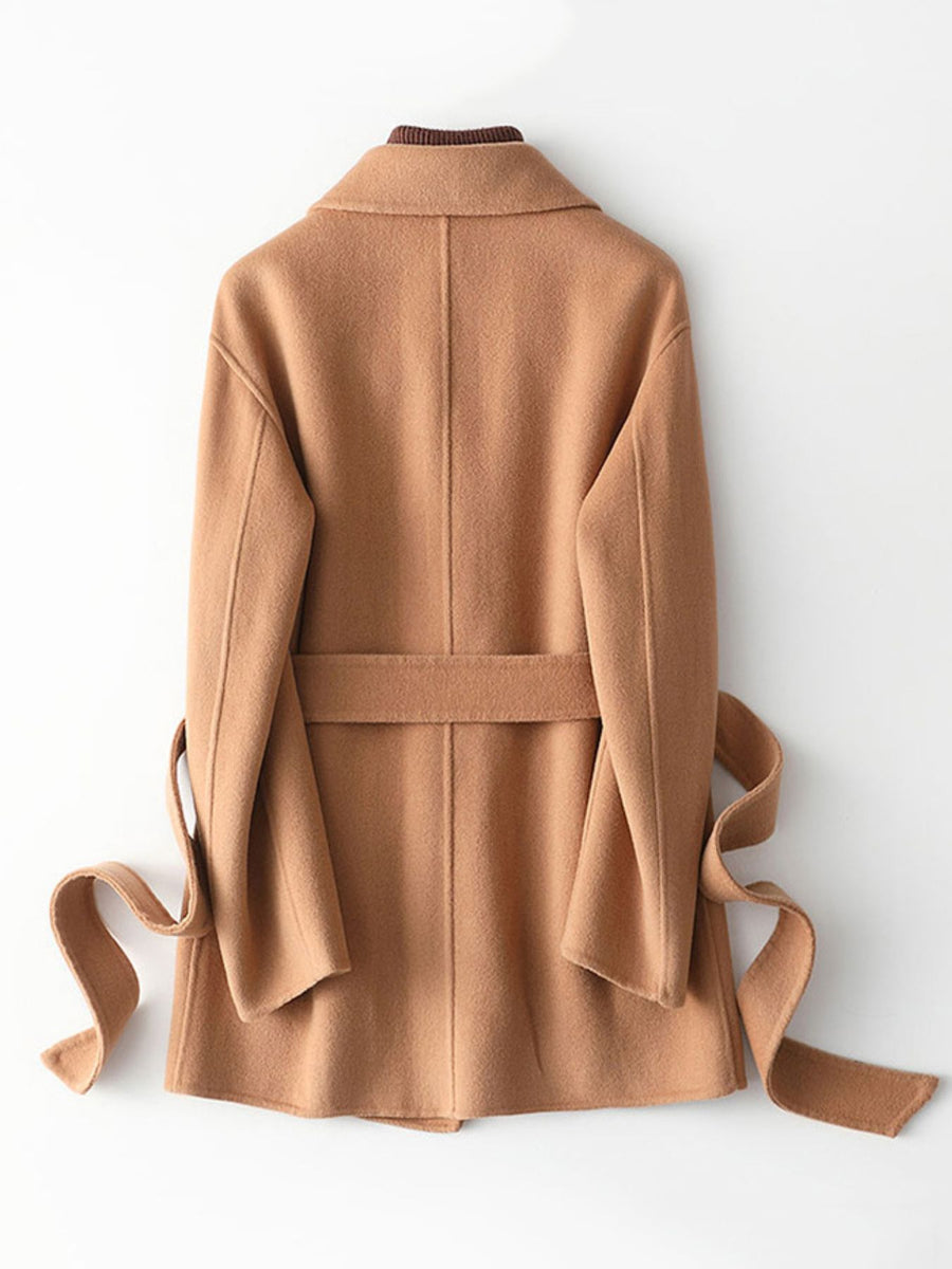 Beige White wool coat with belted and long sleeve