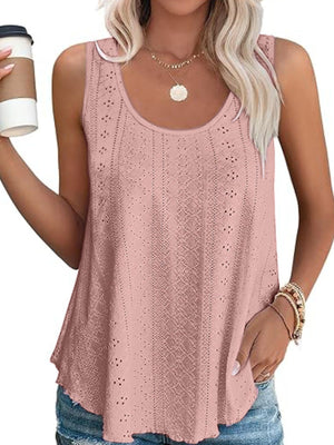 Dusty Pink eyelet scoop neck tank top with intricate patterns.