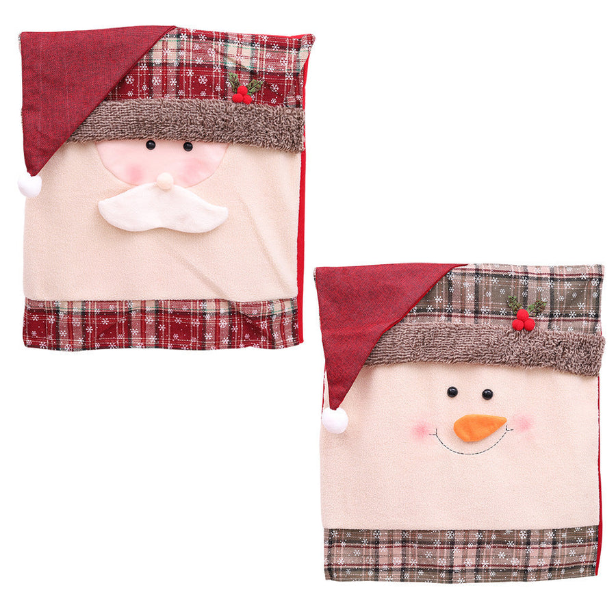 Festive Santa and Snowman chair covers with plaid trim and Santa hats.