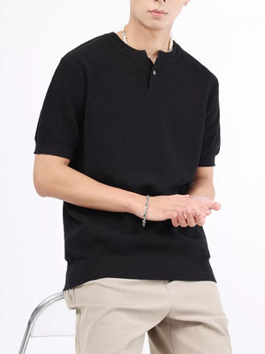 Black knit henley t-shirt for men with short sleeves and a two-button placket.