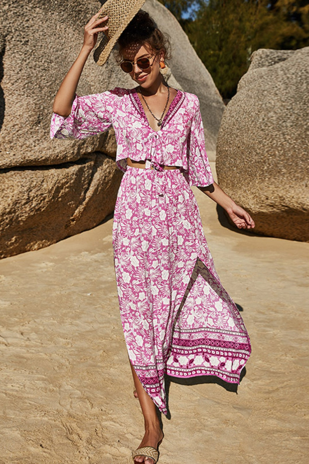 Pink floral print crop top and maxi skirt set with tie front and high slit.