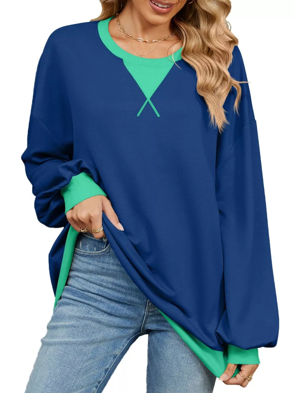 navy blue sweatshirt with color-block and round neck