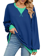 navy blue sweatshirt with color-block and round neck