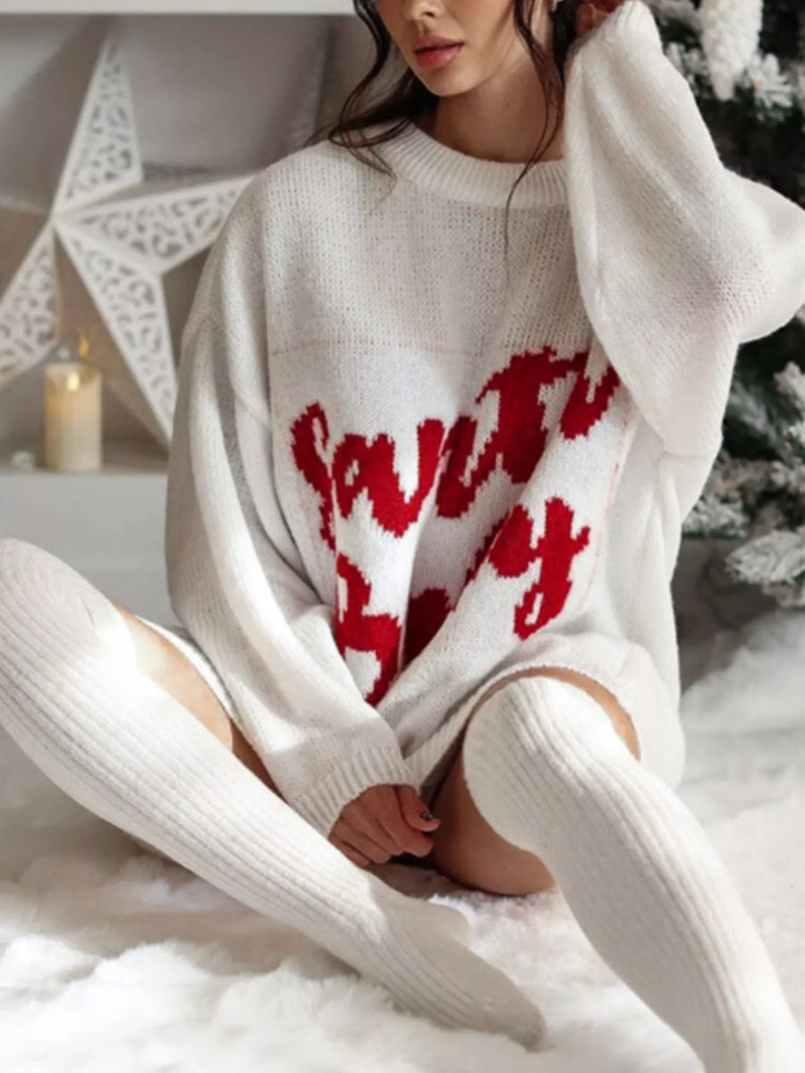 White oversized sweater dress with red "Santa Baby" graphic, acrylic blend, crew neck, long sleeves.