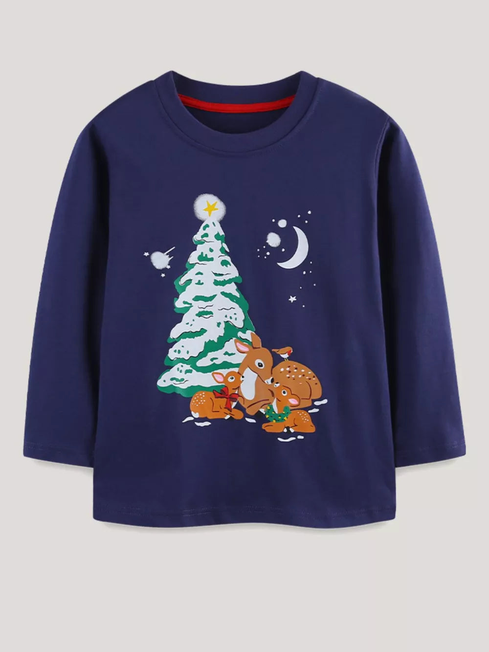 Navy crew neck cotton t-shirt with a whimsical deer and Christmas tree graphic.