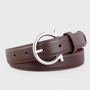 Brown cowhide leather belt with silver Omega buckle and contrast stitching.