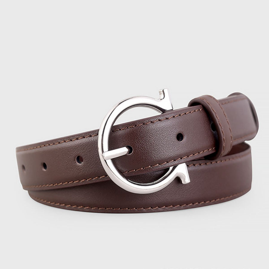Brown cowhide leather belt with silver Omega buckle and contrast stitching.