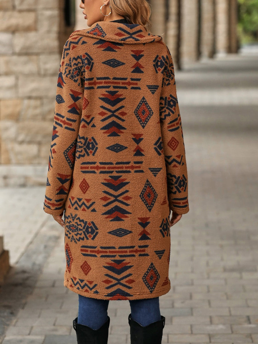 Caramel Aztec print teddy longline coat with a shawl collar and long sleeves.