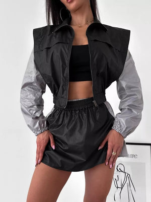 Color Block Cropped Jacket And Skirt Set in Blue/White, view 13