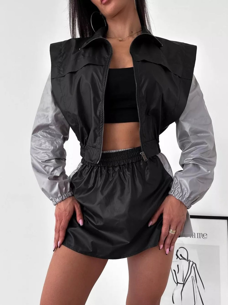 Color Block Cropped Jacket And Skirt Set in Blue/White, view 13