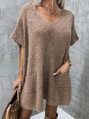 Mocha knit cocoon dress with V-neck, short sleeves, and patch pockets.