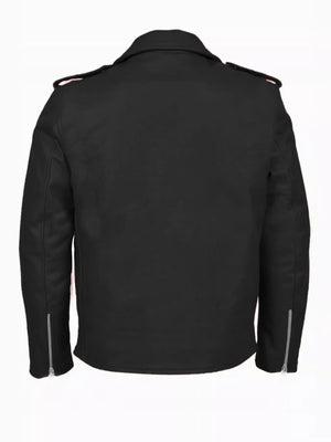 Men's black plus-size zip-up motorcycle jacket with zippered cuffs and epaulets.