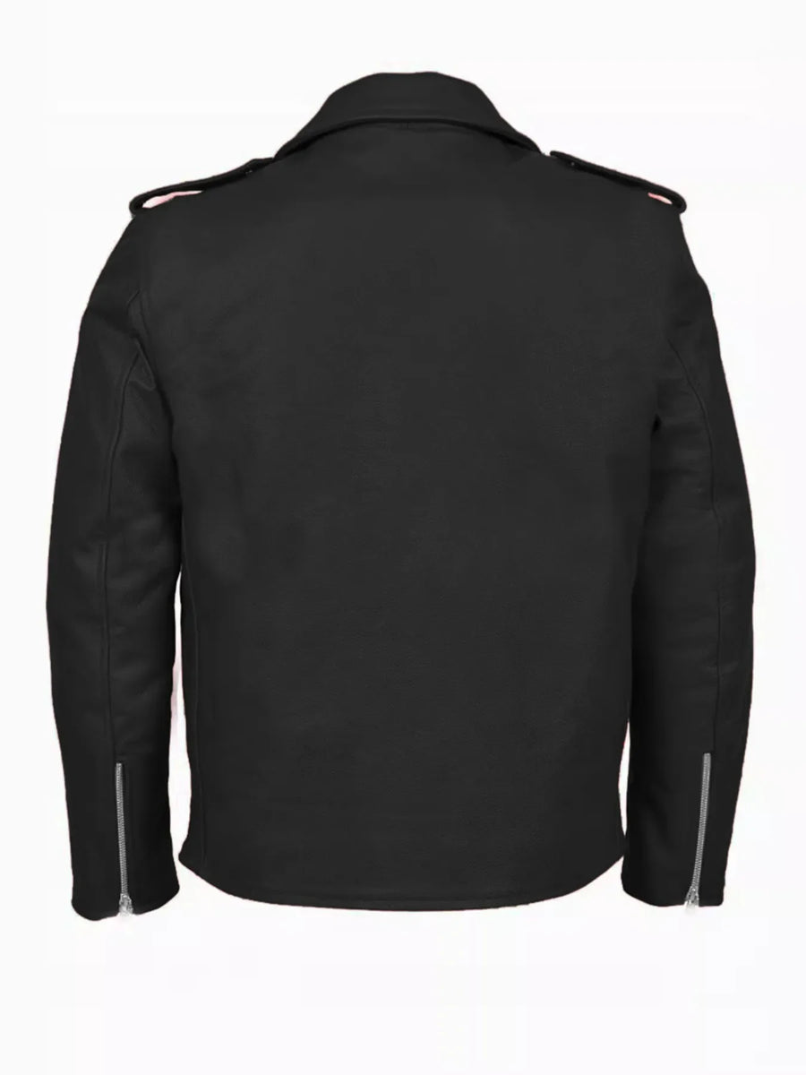 Men's black plus-size zip-up motorcycle jacket with zippered cuffs and epaulets.