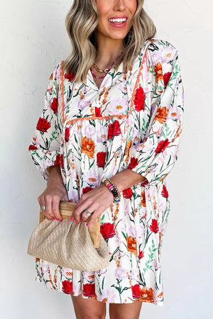 Floral with Floral Print 3/4 Puff Sleeve Mini Dress in Floral