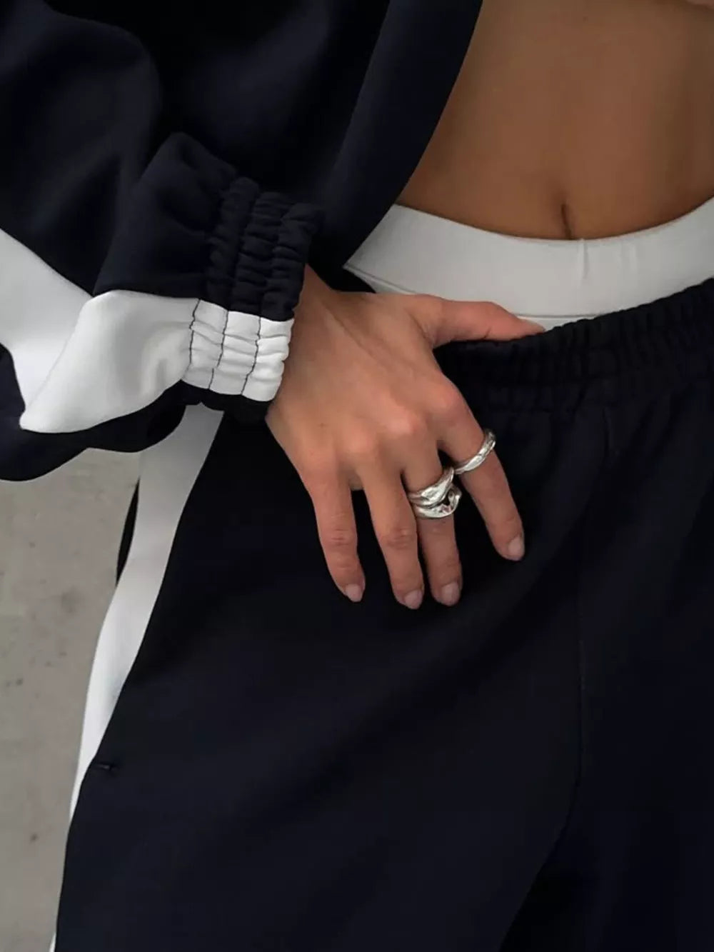 Zip Up Long Sleeve Outerwear And Pants Set in Black