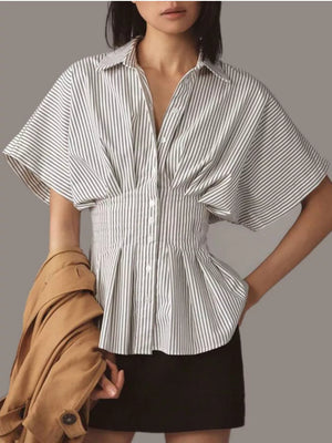 Striped cinched waist maternity shirt with button-down front and short sleeves.