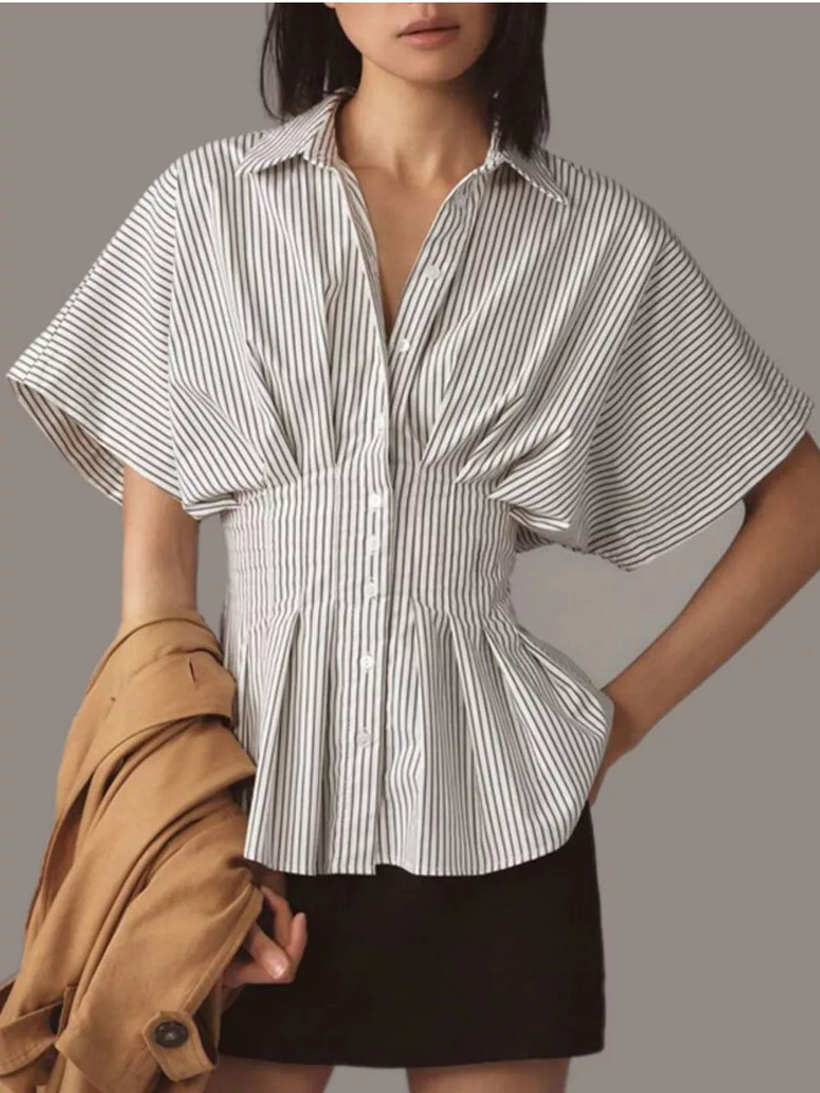 Striped cinched waist maternity shirt with button-down front and short sleeves.