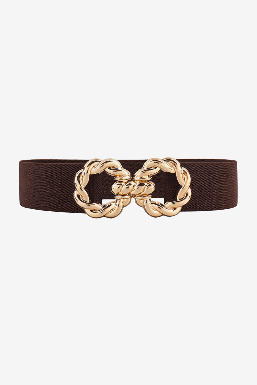 Braided knot stretch belt in chocolate brown with gold alloy buckle.