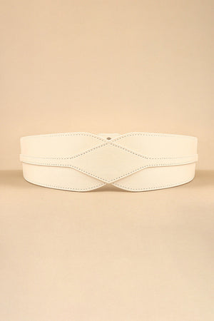 Ivory elastic belt with sculpted waist detail and crisscross front design