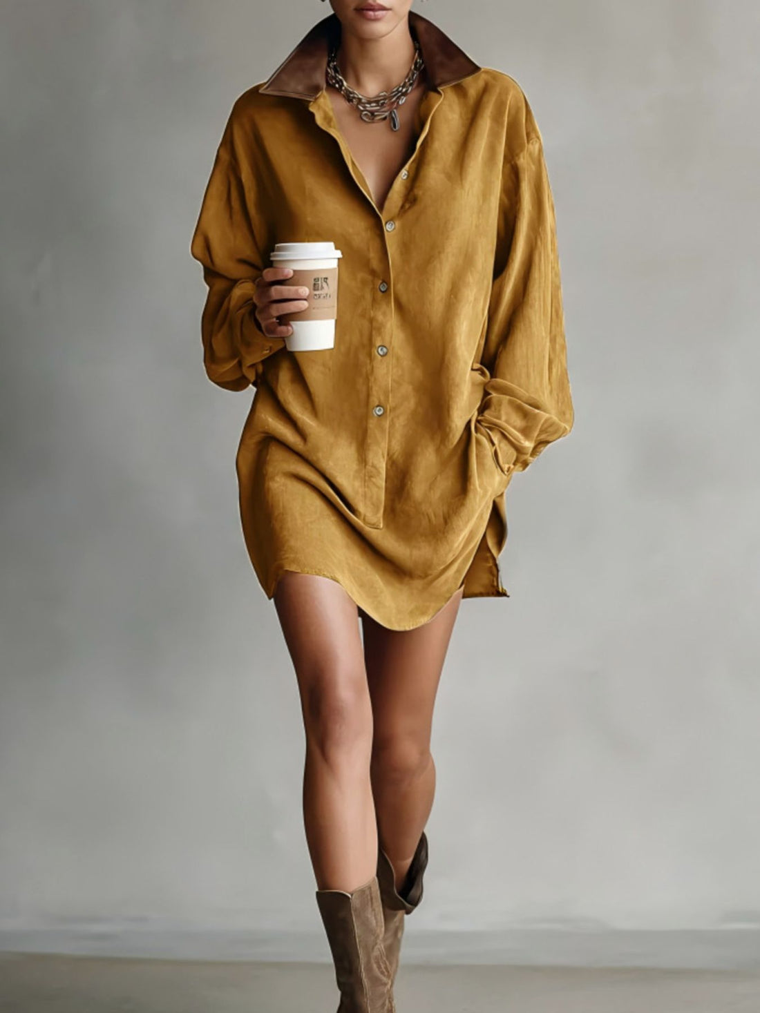 modern shirt dress in Caramel with collared