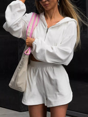 White Long Sleeve Zip-up Hoodie And Shorts Set