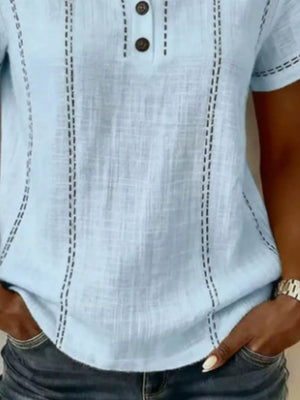 Button Detail Short Sleeve Blouse Plus Size in Light Blue