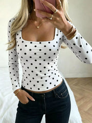 white t-shirt with polka dot and square neck