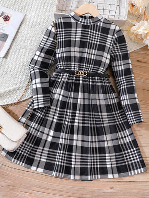 Baby girls' black and white plaid long-sleeve belted dress with a mock neckline.