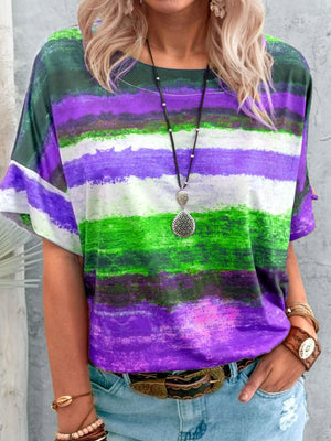 Casual t-shirt with brushstroke stripes in purple, green, and white.