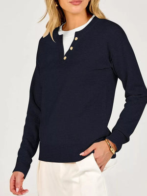 Long Sleeve Dropped Shoulder Sweater in Navy with buttoned
