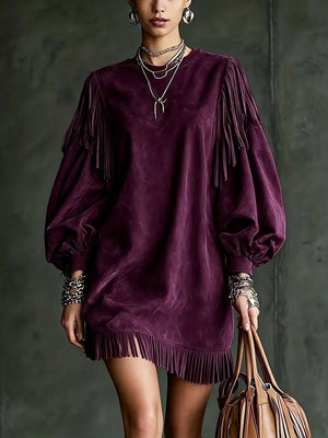 mini dress in Teal with round neck and lantern sleeve