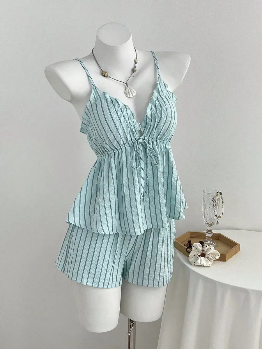 Tie Front Striped Cami And Shorts Set option 4