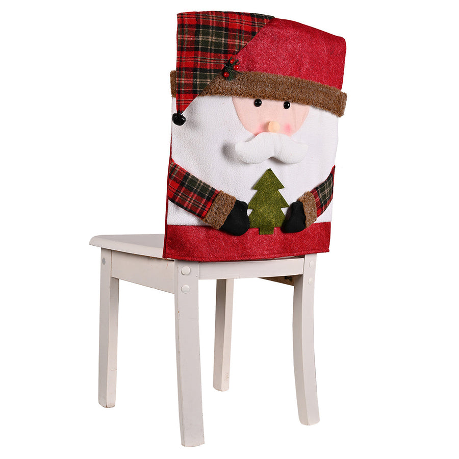 Santa Claus chair cover with plaid accents and a Christmas tree detail.