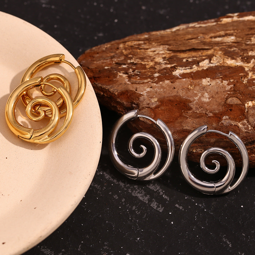 18K Gold-Plated Stainless Steel Spiral Hoop Earrings in silver with spiral design
