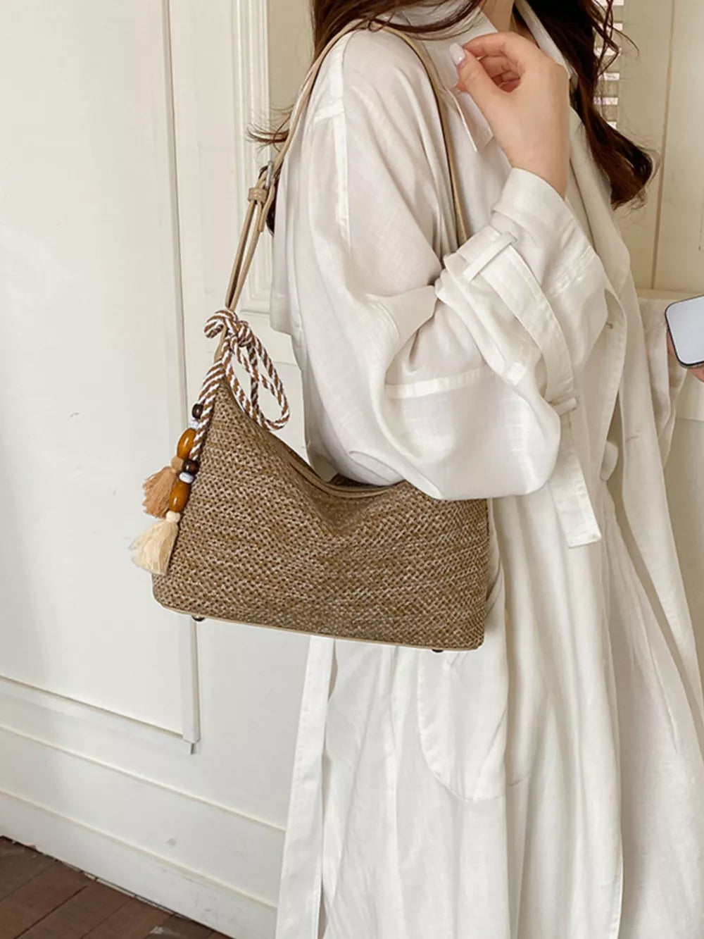 Woven Small Shoulder Bag With Tassel in Khaki with tassel detail