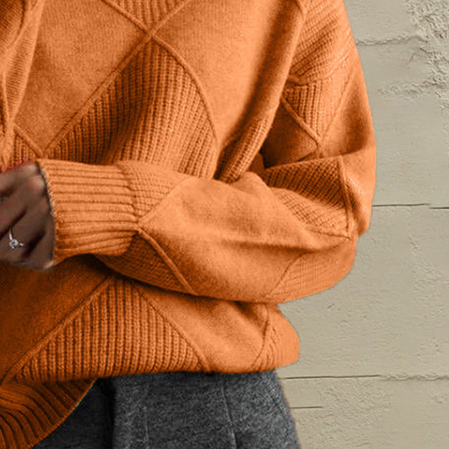 Textured diamond knit pullover sweater in caramel with ribbed cuffs and hem.