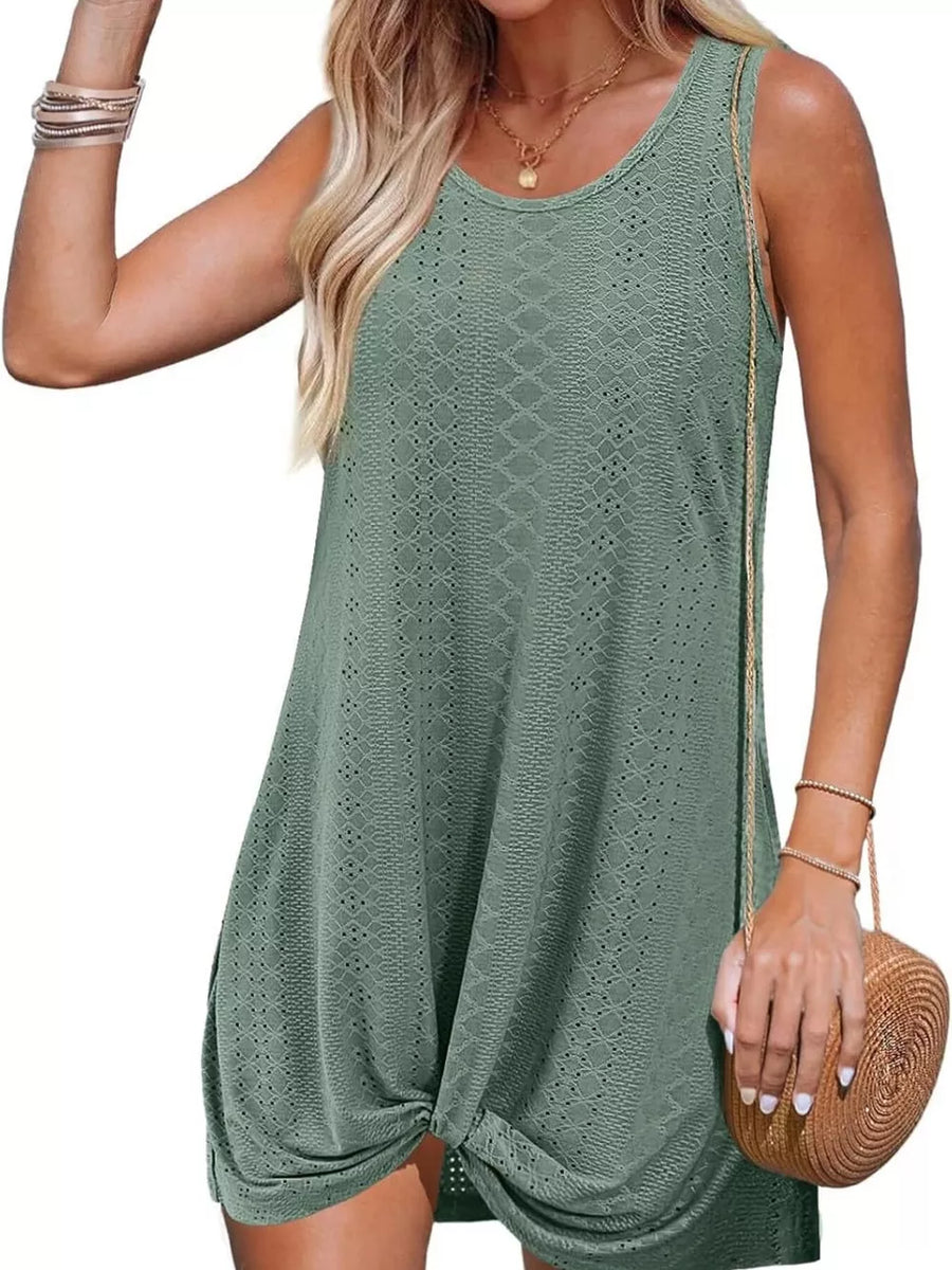 Green eyelet tank dress with a twisted hem detail