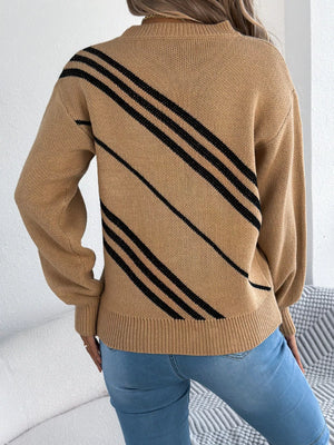 Khaki acrylic blend sweater with diagonal black stripes and round neck.