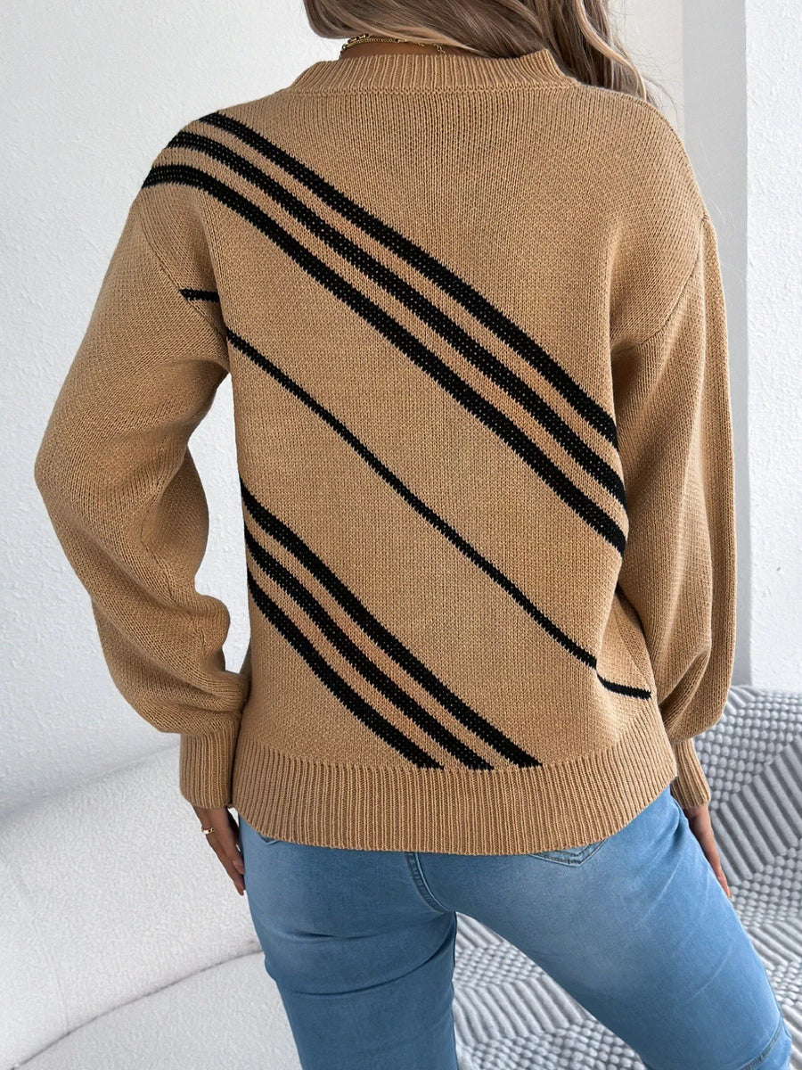 Khaki acrylic blend sweater with diagonal black stripes and round neck.