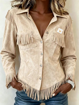 jacket in camel featuring fringe and fitted fit