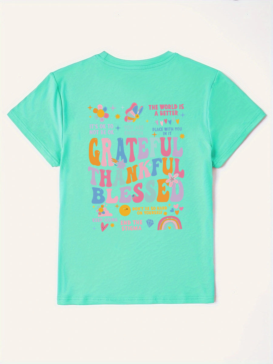 Aqua graphic tee with "Grateful Thankful Blessed" text and positive affirmations.