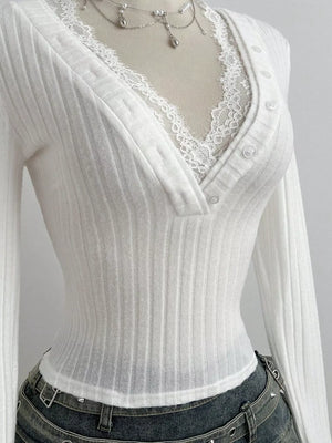 White V-neck Lace Trim Ribbed Knit T-shirt