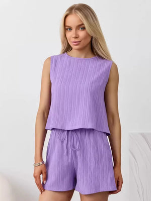 Textured cotton tank and shorts set in purple with drawstring waist.