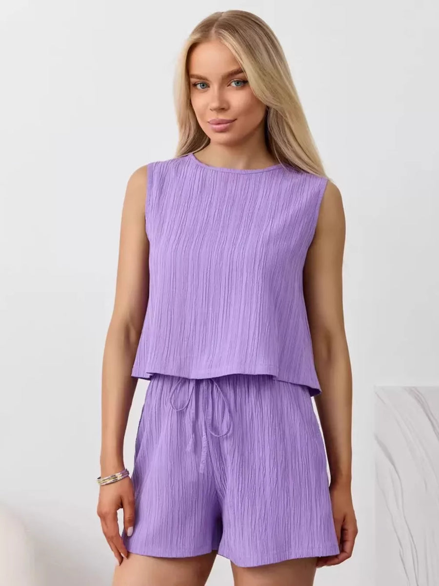 Textured cotton tank and shorts set in purple with drawstring waist.