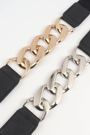 Chunky chain elastic belt with black faux leather straps in gold and silver finishes.