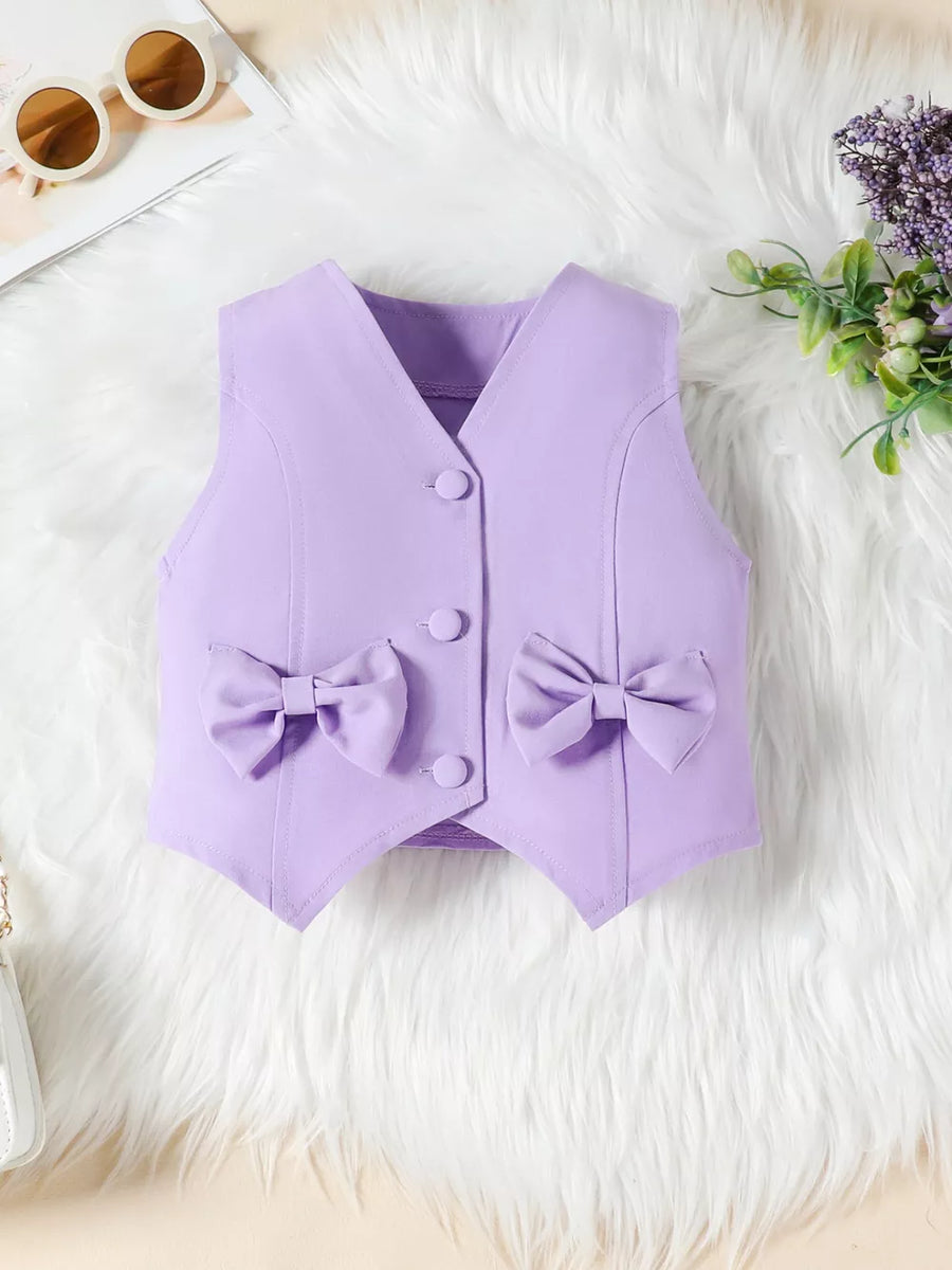 Purple baby vest with bowknot pockets and button front